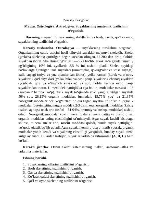 Osteologiya. Artrologiya. Suyaklarning anatomik tuzilishini o‘rganish