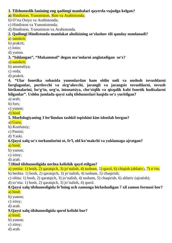 Tilshunoslik savollar va javoblar
