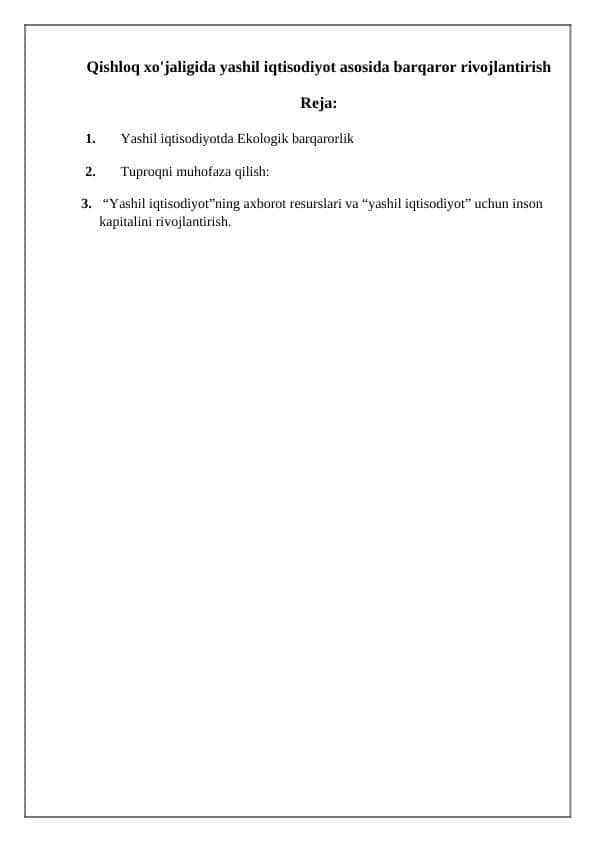 Qishloq xo'jaligida yashil iqtisodiyot asosida barqaror rivojlantirish