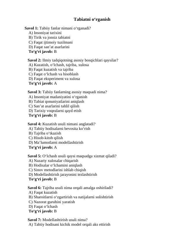 Tabiiy fan 6-sinf test