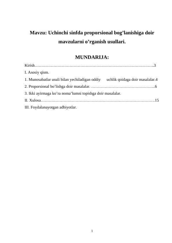 Uchinchi sinfda proporsional bog’lanishiga doir mavzularni o’rganish usullari