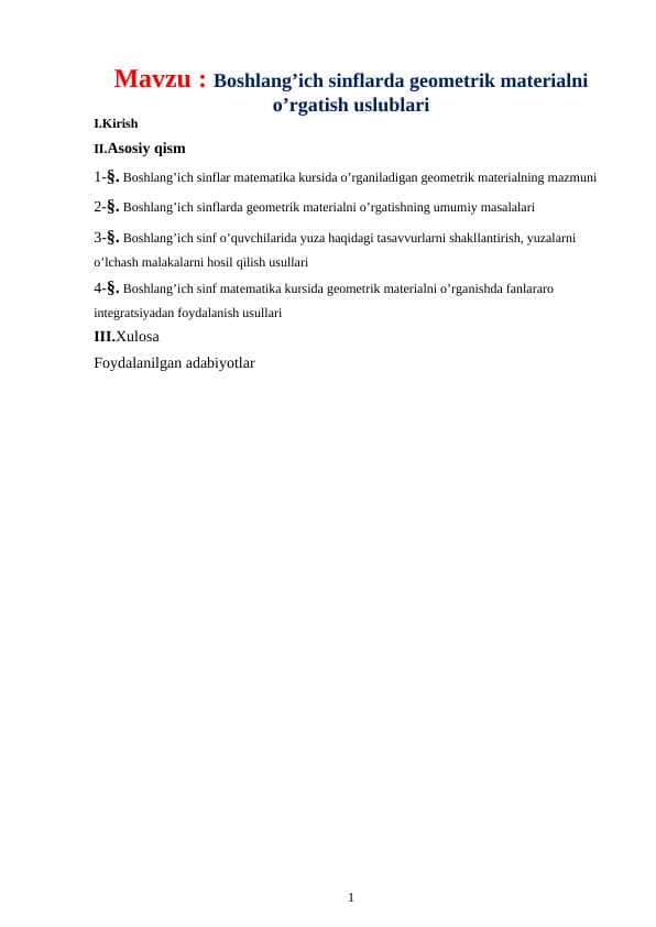 Boshlang’ich sinflarda geometrik materialni o’rgatish uslublari