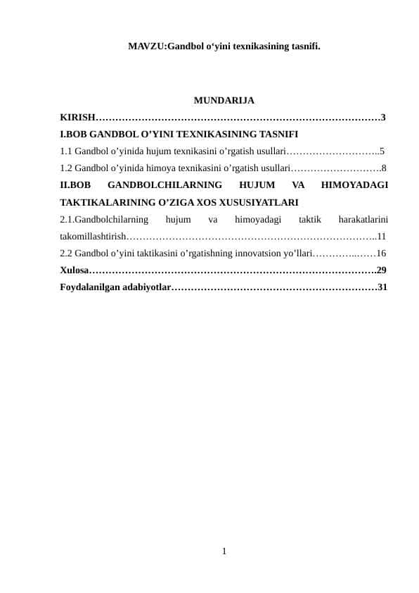 Gandbol o‘yini texnikasining tasnifi