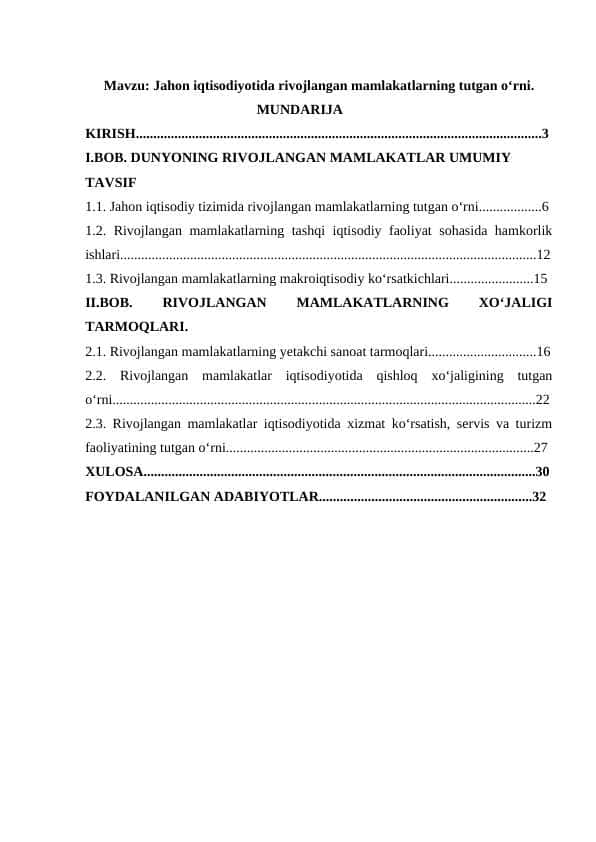 Jahon iqtisodiyotida rivojlangan mamlakatlarning tutgan oʻrni