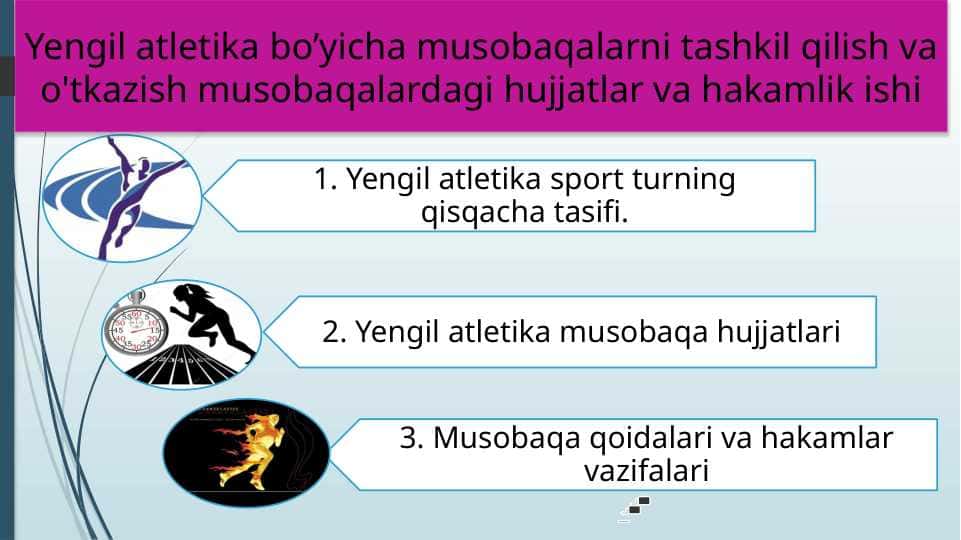 Yengil atletika bo’yicha musobaqalarni tashkil qilish va o'tkazish musobaqalardagi hujjatlar va hakamlik ishi