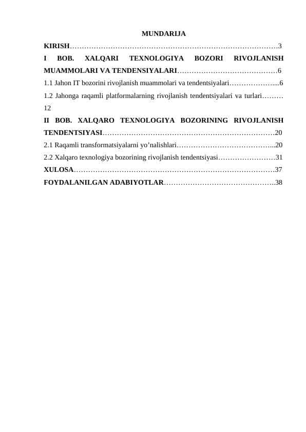 XALQARI TEXNOLOGIYA BOZORI RIVOJLANISH MUAMMOLARI