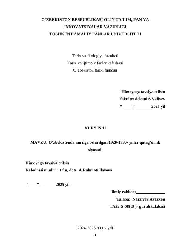 O’zbekistonda amalga oshirilgan 1920-1930- yillar qatag’onlik siyosati. kurs ishi
