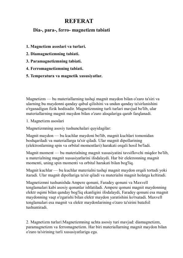 Dia-, para-, ferro- magnetizm tabiati Referat