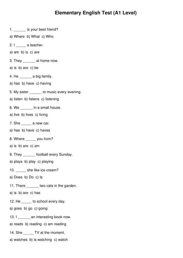 Ingliz tili fanidan Elementary daraja grammar test.