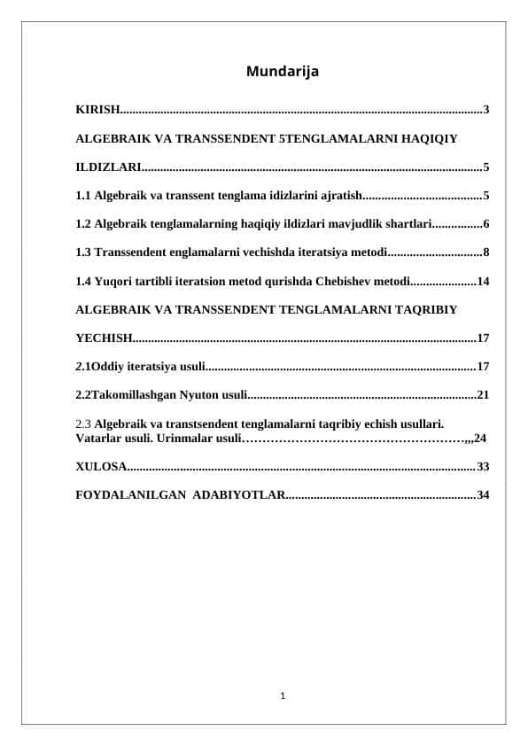 Algebraik va transsendent tenglamalarning haqiqiy ildizlarining mavjudligi va yagonaligi shartlari