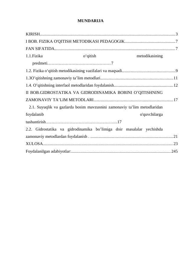 Aniq va tabiiy fanlar yo’nalishidagi akademik litseylarda gidrostatika va gidrodinamika bobini o’qitishning zamonaviy metodlari