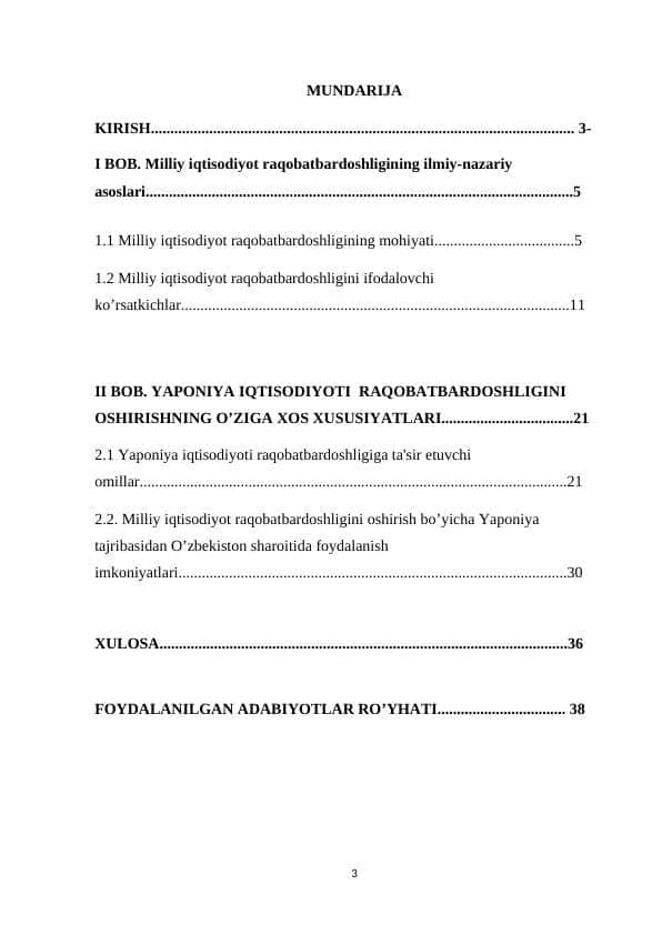 milliy iqtisodiyotning raqobotbardoshligi va uni oshirish yo'llari