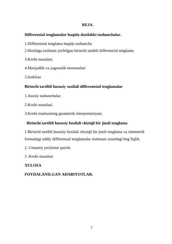 BIRINCHI TARTIBLI XUSUSIY HOSILALI DIFFERENSIAL TENGLAMALAR