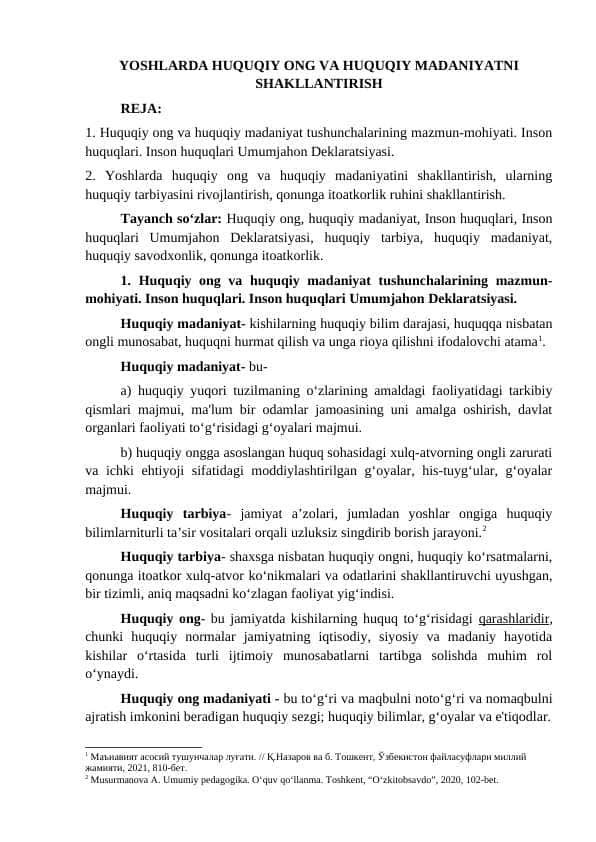 YOSHLARDA HUQUQIY ONG VA HUQUQIY MADANIYATNI SHAKLLANTIRISH