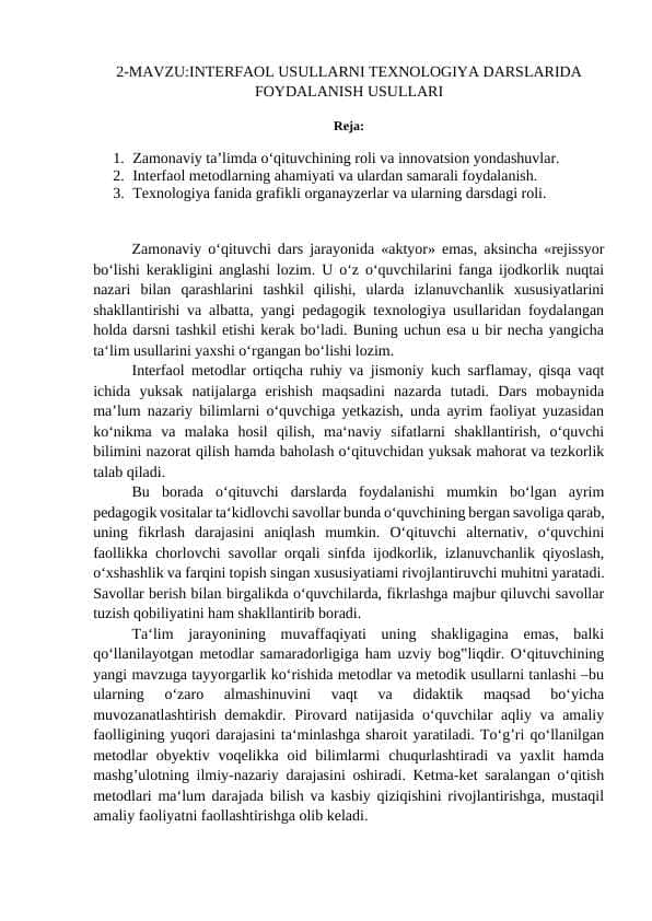INTERFAOL USULLARNI TEXNOLOGIYA DARSLARIDA FOYDALANISH USULLARI