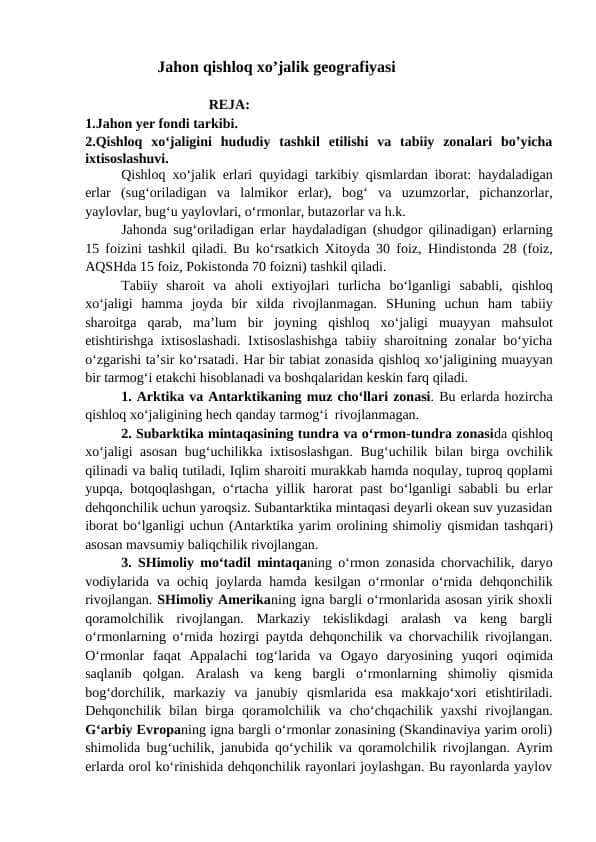 Jahon qishloq xo’jalik geografiyasi
