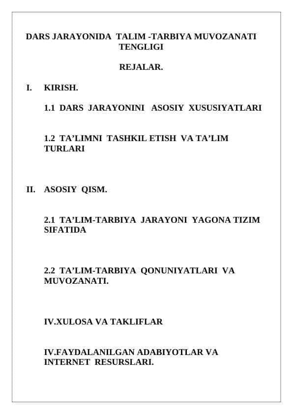 DARS JARAYONIDA TALIM -TARBIYA MUVOZANATI TENGLIGI