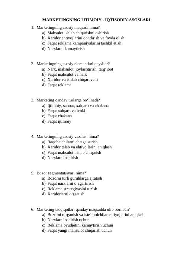 MARKETINGNING IJTIMOIY - IQTISODIY ASOSLARI
