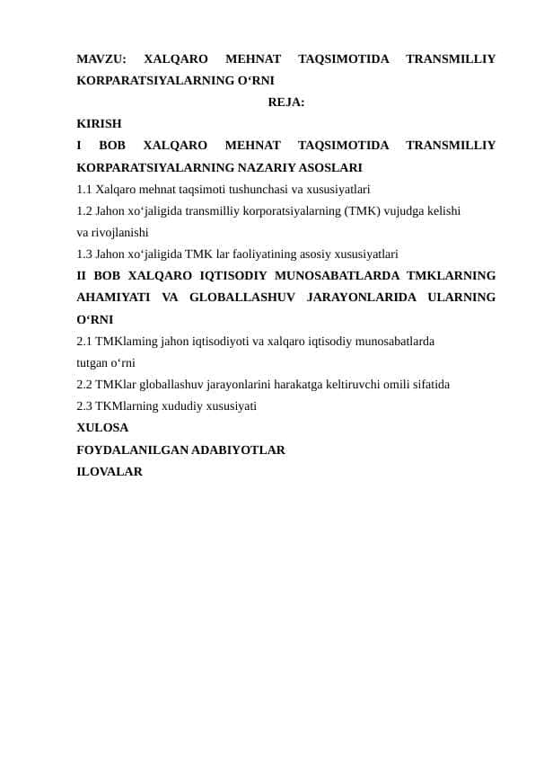 Xalqaro mehnat taqsimotida transmilliy korparatsiyalarning oʻrni