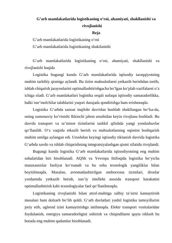 G’arb mamlakatlarida logistikaning o‘rni, ahamiyati, shakllanishi va rivojlanishi