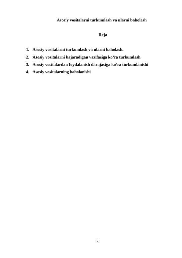 Asosiy vositalarni turkumlash va ularni baholash