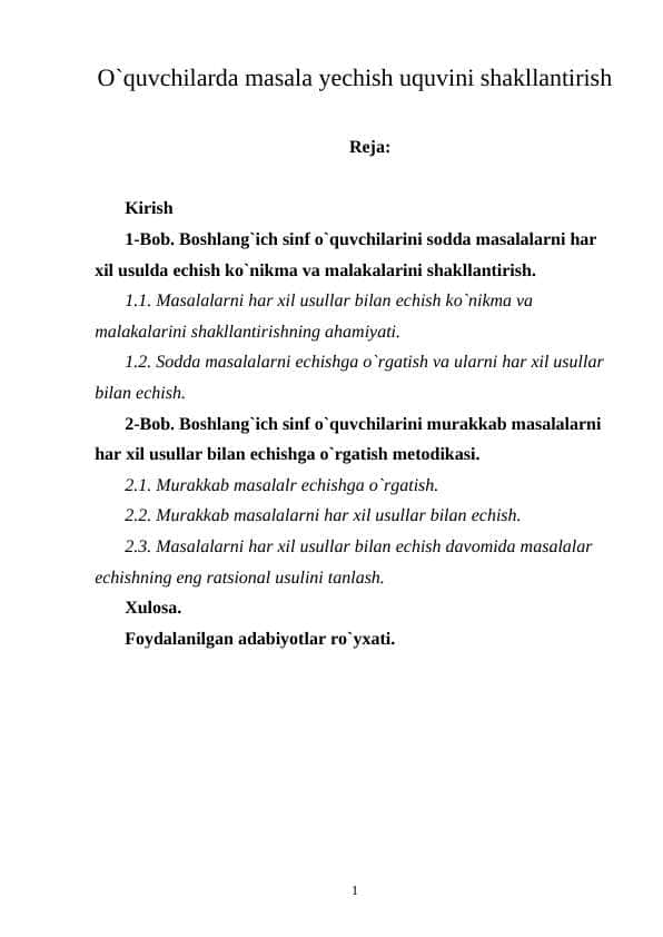 O'quvchilarda masala yechish uquvini shakllantirish