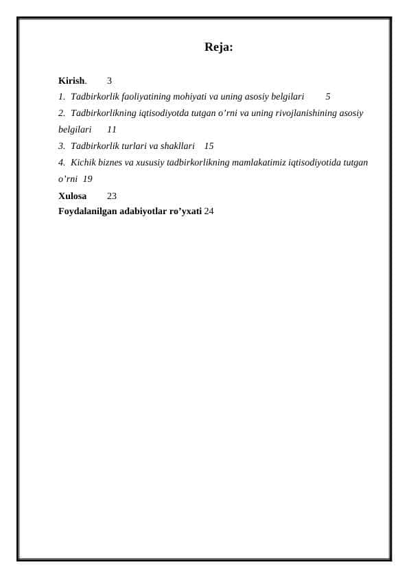 Tadbirkorlik faoliyati uning turlari va asosiy belgilari