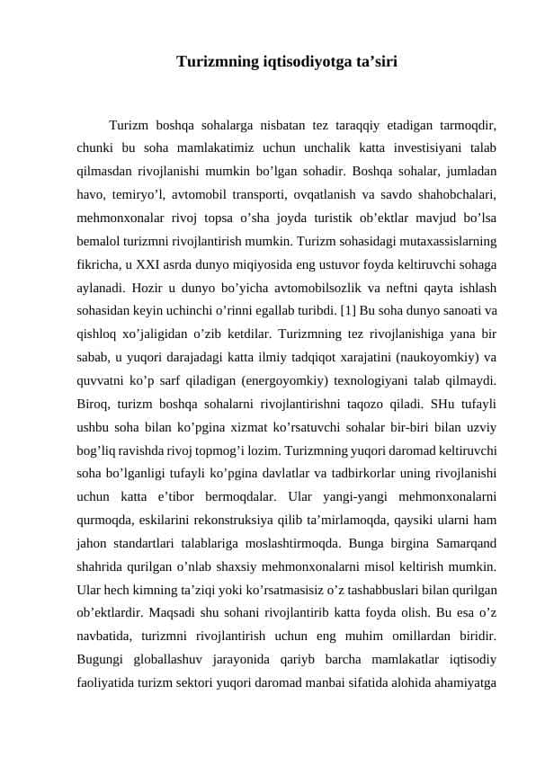 Turizmning iqtisodiyotga ta’siri