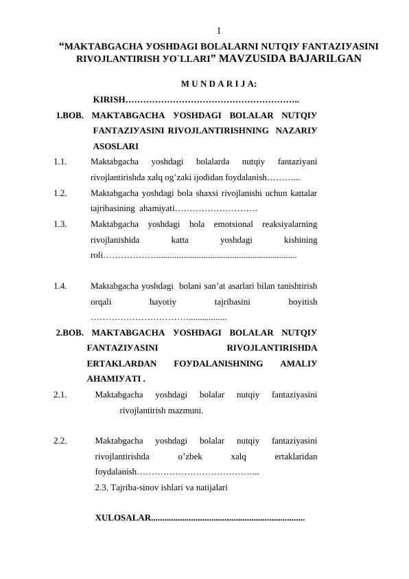 MAKTABGACHA УОSHDAGI BОLALARNI NUTQIУ FANTAZIУASINI RIVОJLANTIRISH УО`LLARI