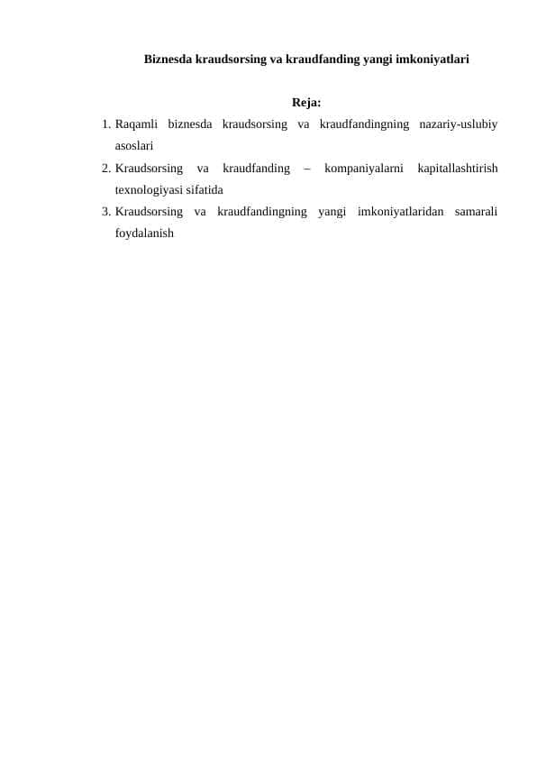 Biznesda kraudsorsing va kraudfanding yangi imkoniyatlari