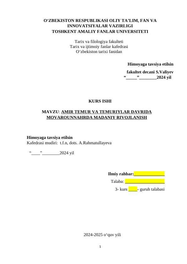 Amir Temur va temuriylar davrida Movarounnahrda madaniy rivojlanish