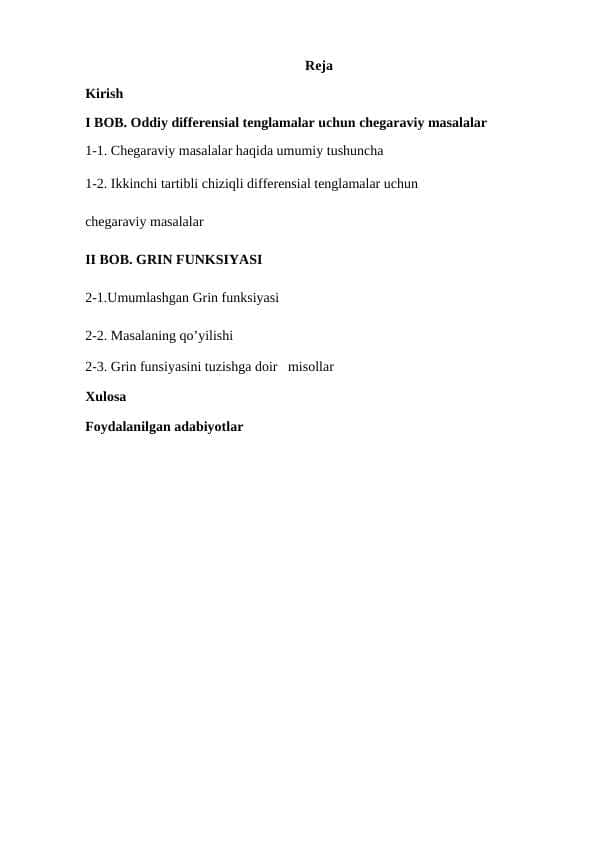 Ikki nuqtali chegaraviy masala. Grin funksiyasi1