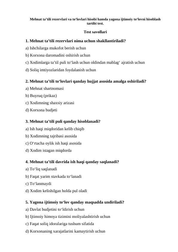 Mehnat ta’tili rezervlari va to‘lovlari hisobi hamda yagona ijtimoiy to‘lovni hisoblash tartibi test