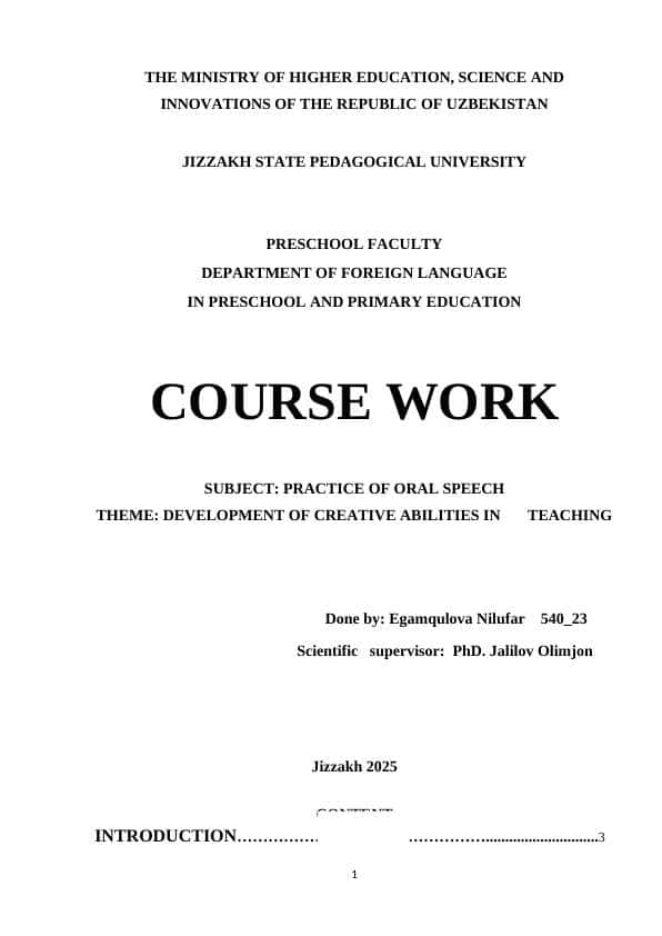 PRACTICE OF ORAL SPEECH THEME: DEVELOPMENT OF CREATIVE ABILITIES IN TEACHING