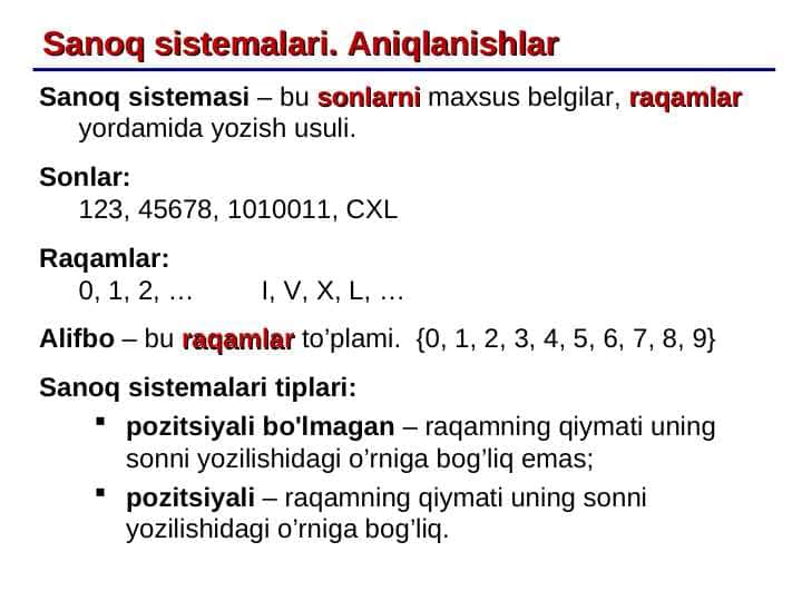 Sanoq sistemalari. Aniqlanishlar