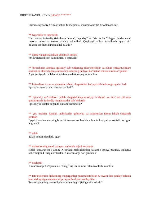 Mikroiqtisodoyot savol javoblar