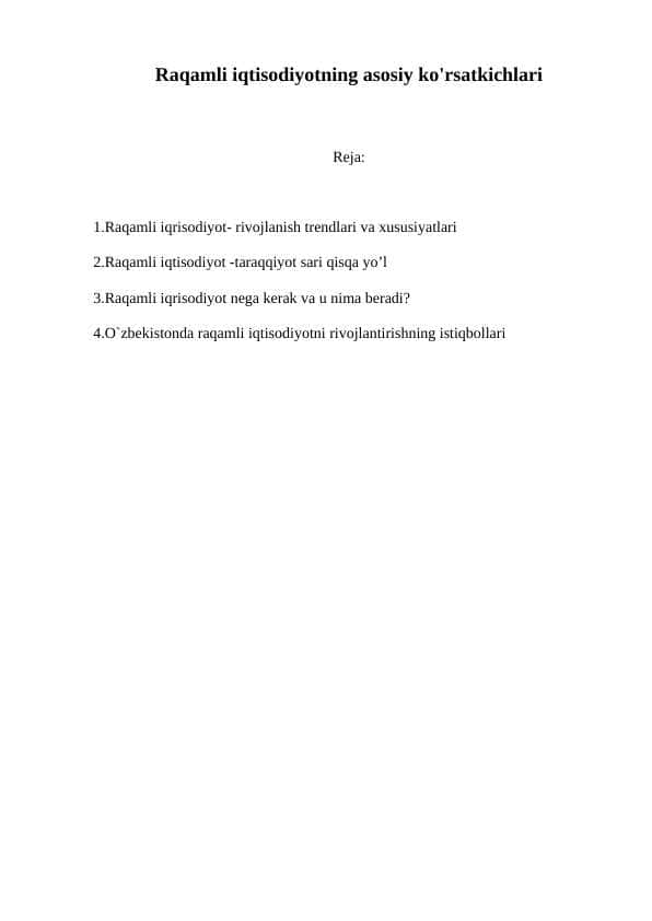 Raqamli iqtisodiyotning asosiy ko'rsatkichlari