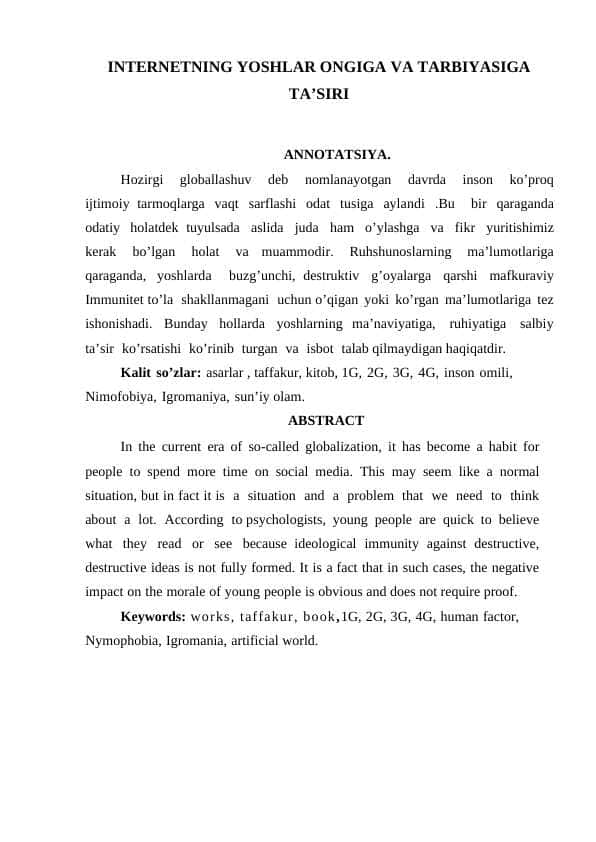 Internetning yoshlar ongiga va tarbiyasiga tasiri