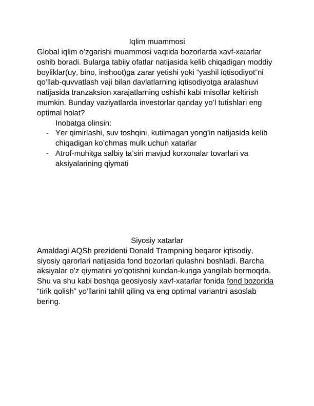 "Investitsiya" mavzusiga doir keys stadilar (case studies)