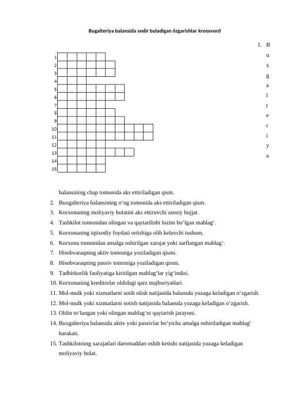 Bugalteriya balansida sodir buladigan ôzgarishlar kroosvord