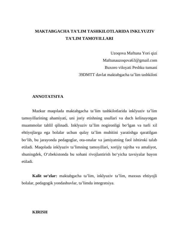 Maktabgacha taʼlim tashkilotlarida inklyuziv taʼlim tamoyillari