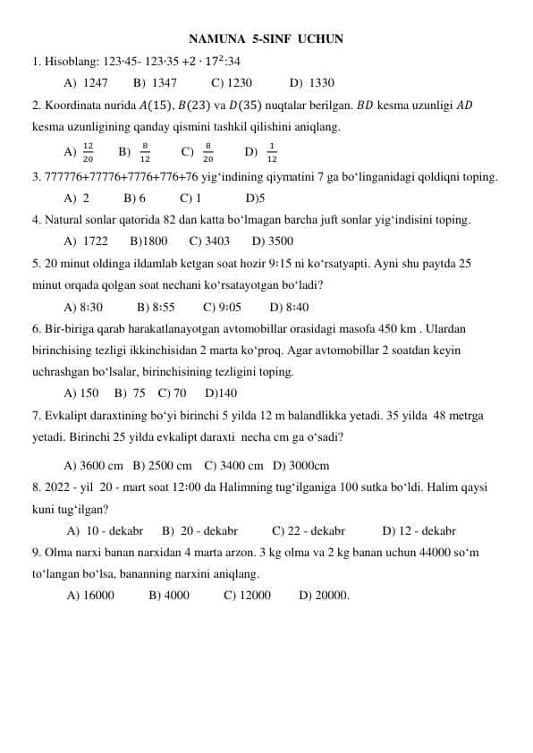 5 - sinf Matematika test