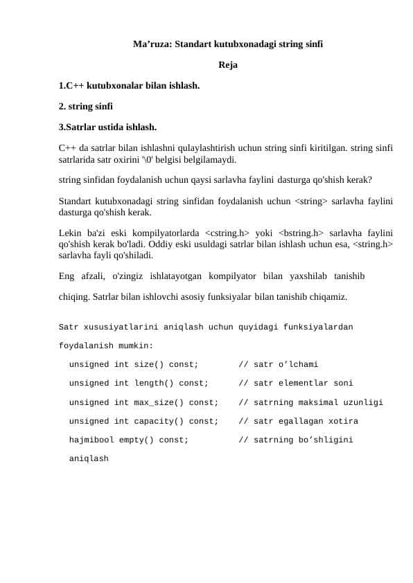 Standart kutubxonadagi string sinfi
