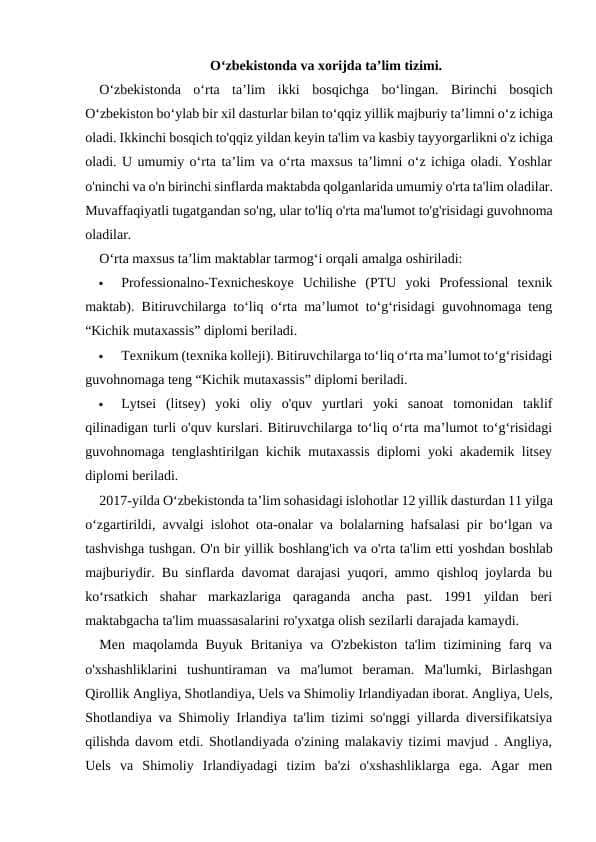 O‘zbekistonda va xorijda ta’lim tizimi.