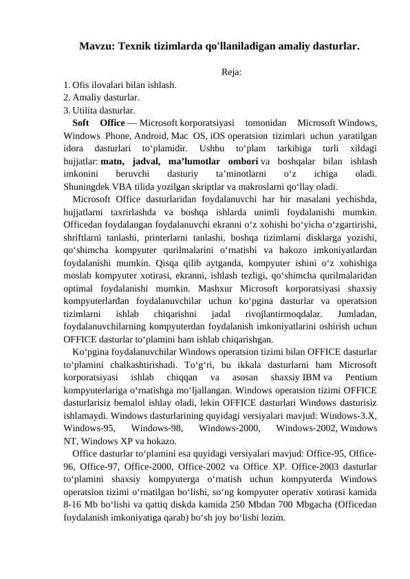 Texnik tizimlarda qo'llaniladigan amaliy dasturlar