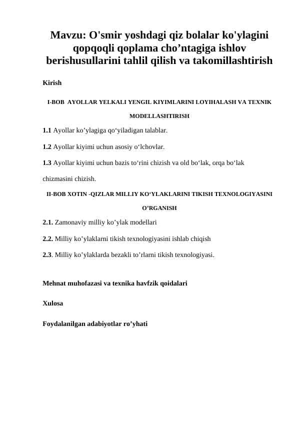 O'smir yoshdagi qiz bolalar ko'ylagini qopqoqli qoplama cho’ntagiga ishlov berishusullarini tahlil qilish va takomillashtirish