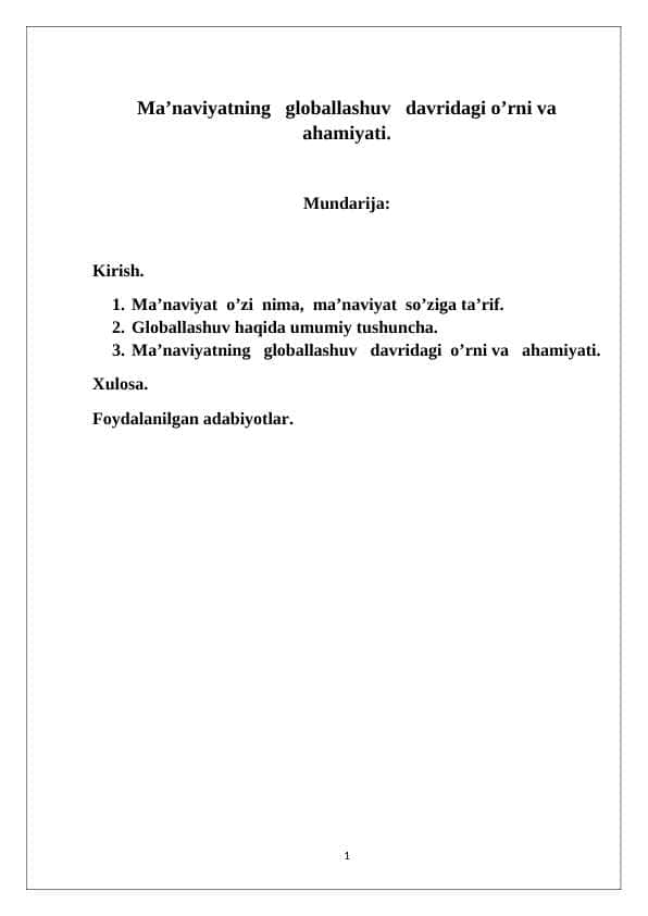 Ma'naviyatning globallashuv davridagi o'rni va ahamiyati