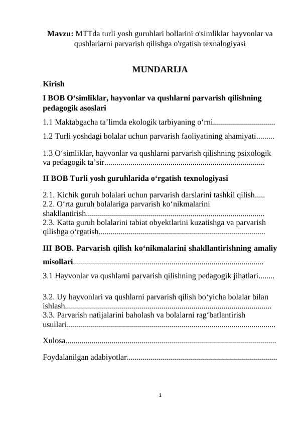 MTTda turli yosh guruhlari bollarini o'simliklar hayvonlar va qushlarlarni parvarish qilishga o'rgatish texnalogiyasi K.docx