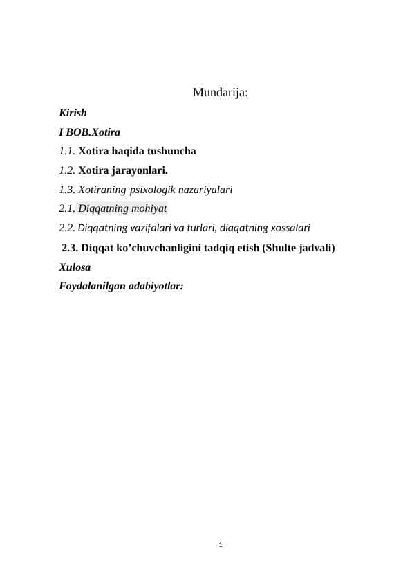 diqqat va xotira kurs ishi