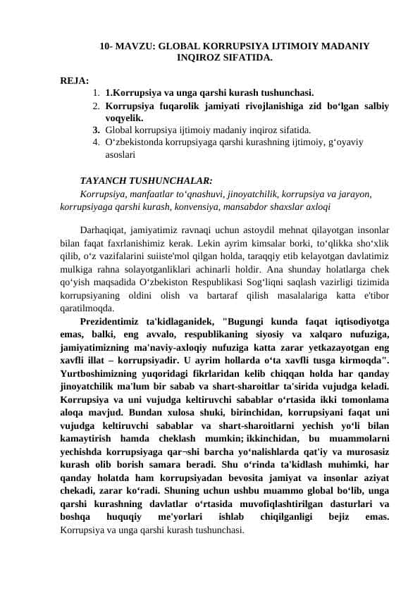 GLOBAL KORRUPSIYA IJTIMOIY MADANIY INQIROZ SIFATIDA.